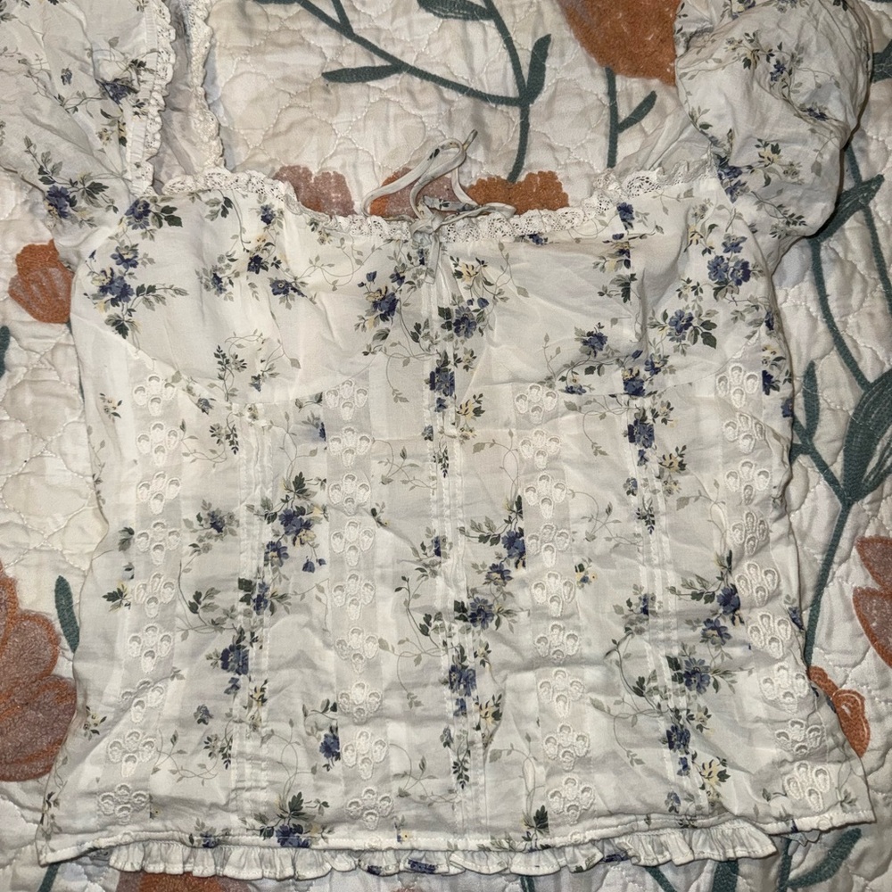 Reformation White Eyelet Camisole with Blue Floral Print